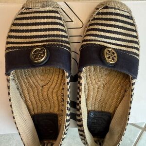 Tory Burch Navy and Beige Striped Flats